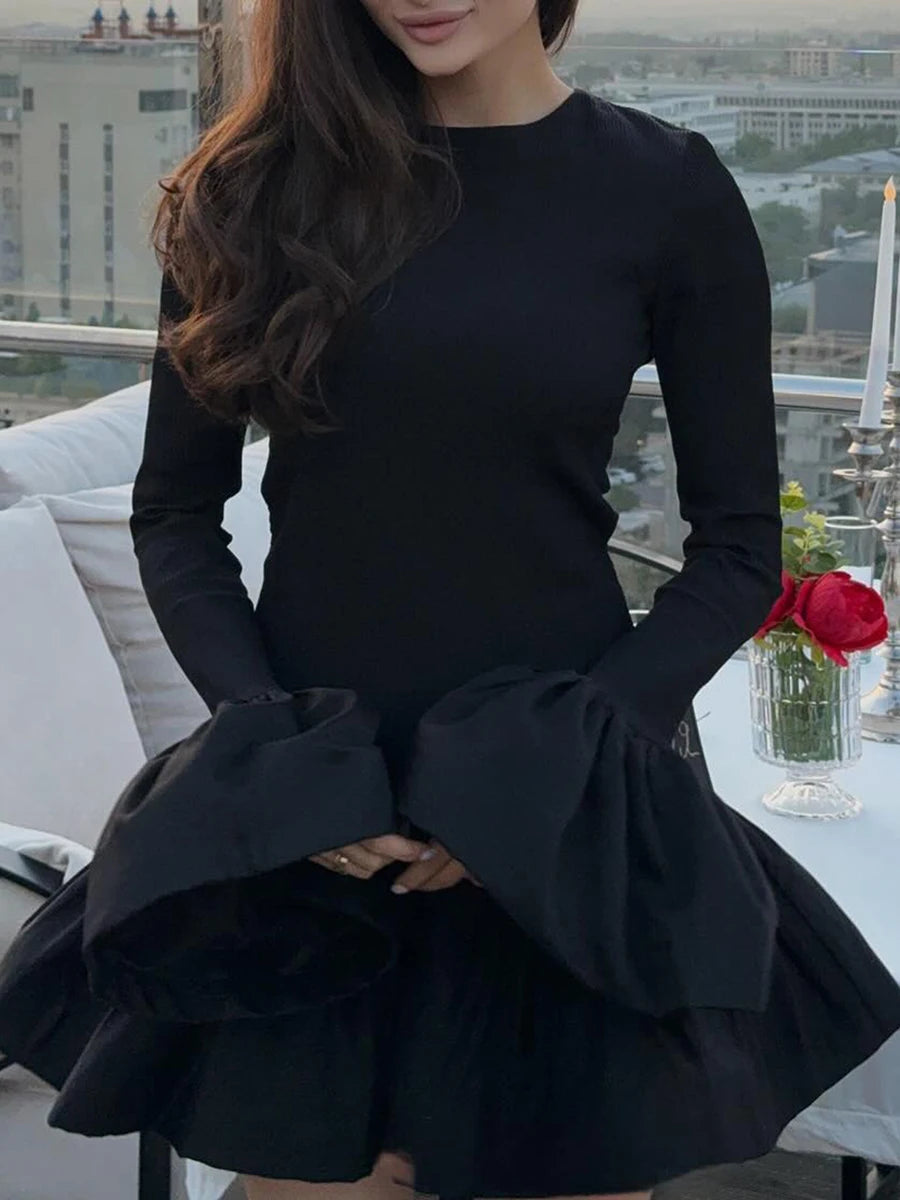 Elegant Women s Long Sleeve Knit Dress with Ruffles Hem and Round Neckline Perfect for Fall and Winter Casual Wear