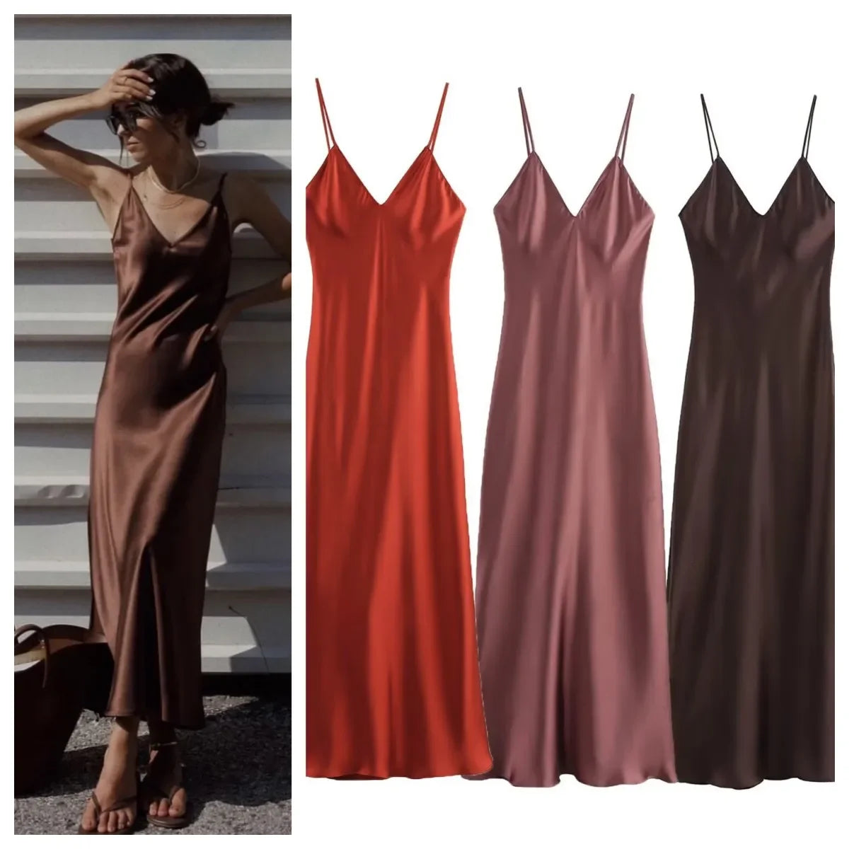 2025 Spring New TRAF Elegant women's fashion silk satin texture MIDI dress sexy backless party slip dress