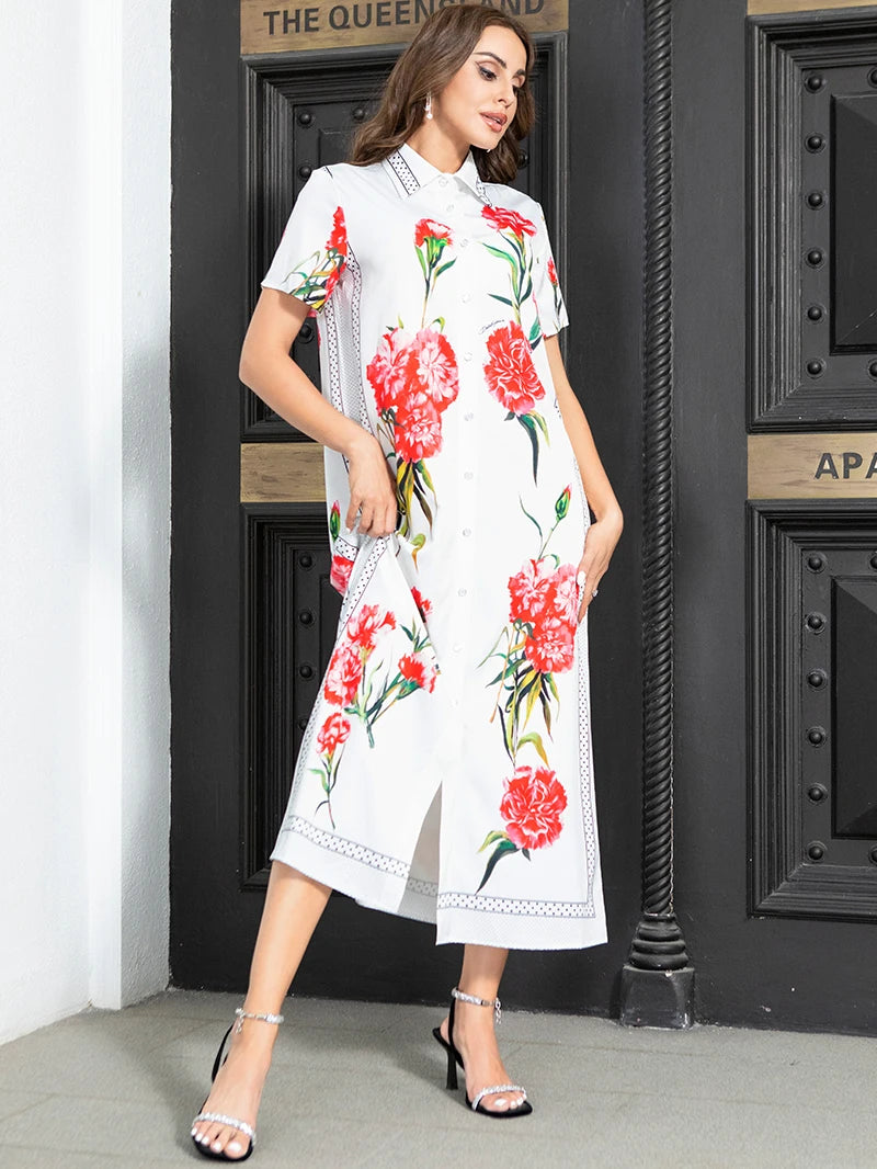 Elegant style Lapel Dots Flowers Color contrast Buttons Regular sleeve Long Dresses White Dresses