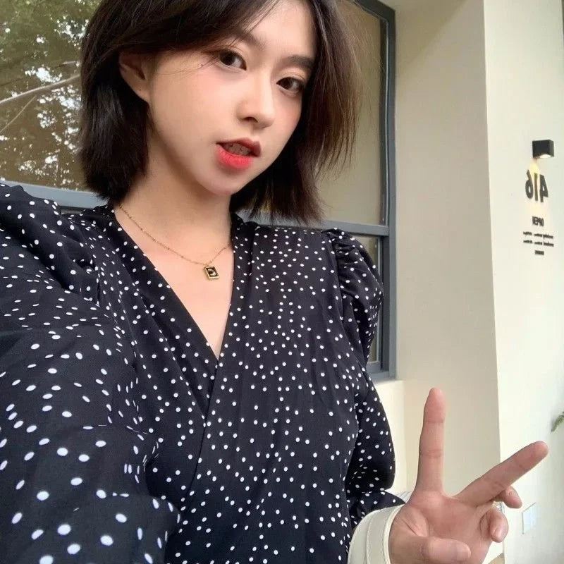 Black Polka Dot Floral Long Sleeve Dress Women's Autumn 2025 New Tea Break French Hepburn Style Skirt Length Dress