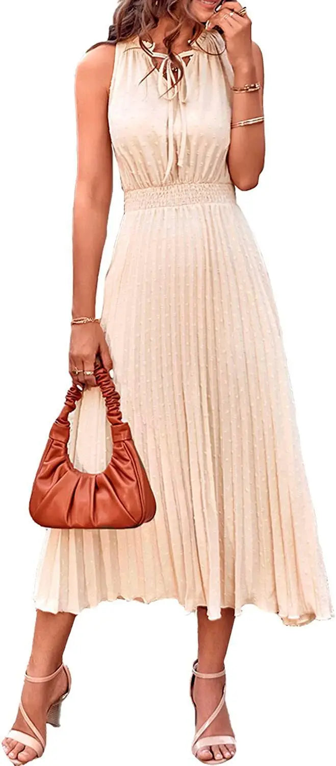 Women's Spring Fall Midi Dress Casual Long/Short Sleeve Elegant and fashionable V Neck Swiss Dot Pleated A Line Flowy Dresses