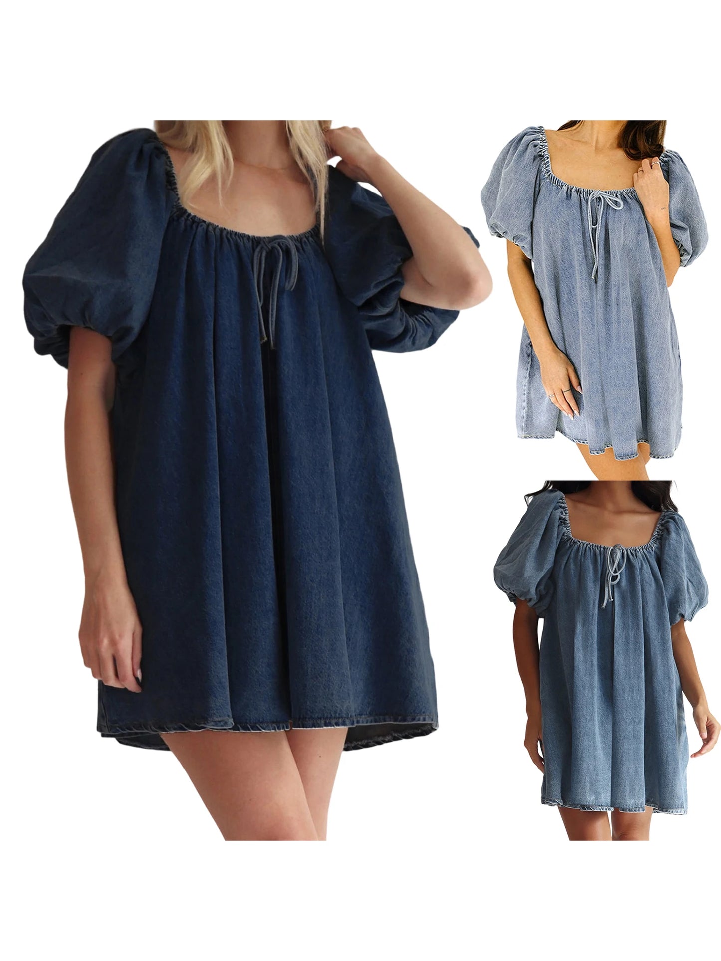 Women s Denim Dress with Short Sleeves and Square Neckline Solid Color Loose Fit Mini Dress for Summer Casual Wear