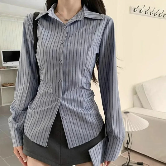 Korean Blue Striped Long Sleeve Shirt Jacket Women's Spring Design Waist Cinching Slimming Top Women Clothing