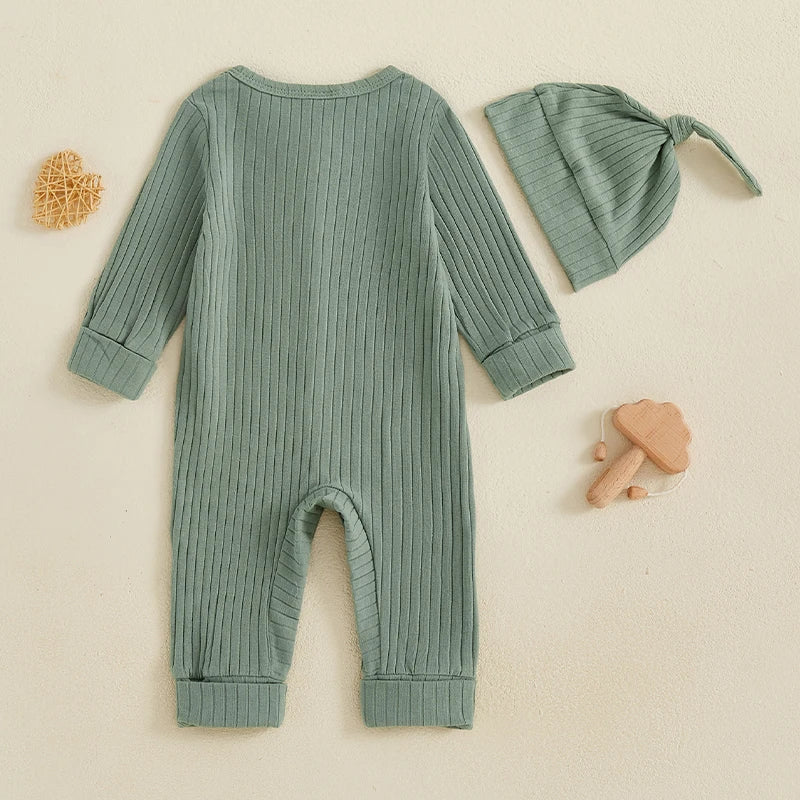Infant 2-Piece Autumn Ensemble Cozy Knit Romper with Beanie Set Baby Clothing for Newborns