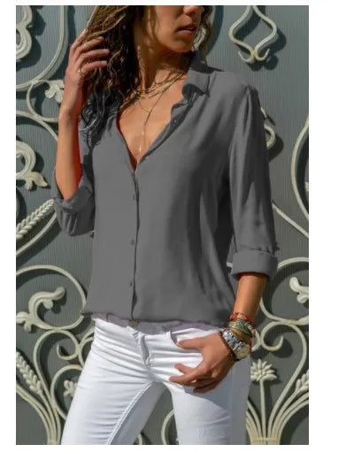Autumn Shirt Women's Polo Collar Office Lady blouse Vintage Shirt Loose Button Up Down Shirts Fashion Tops
