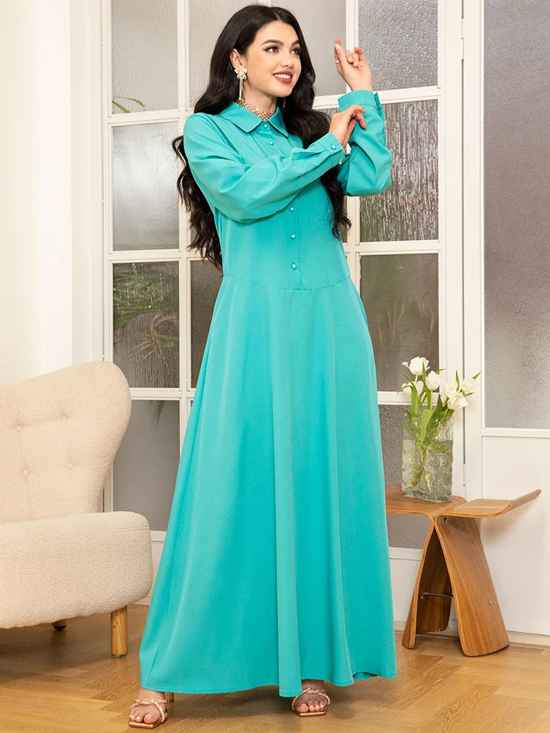 2025 Spring/Summer Collection - Light Green Preppy Lapel Long Dress with Pockets and Button Applique