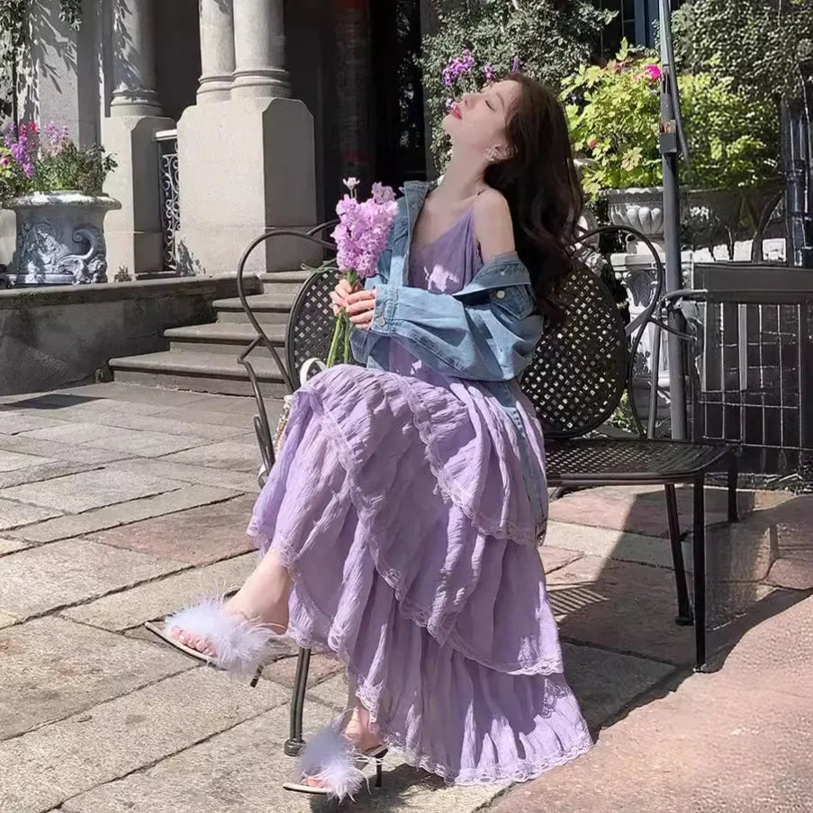 SweetAge-ReducingWhite French Style Tank Dress Loose Fit Long Dress For Women Spring Vacation Style Petite Cake Dress