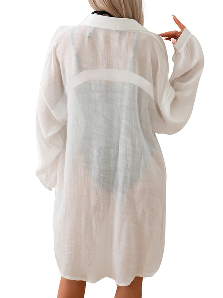 Women s Beach Cover Up Dress Solid Color Long Sleeve Lapel Button Up Bikini Cover Up