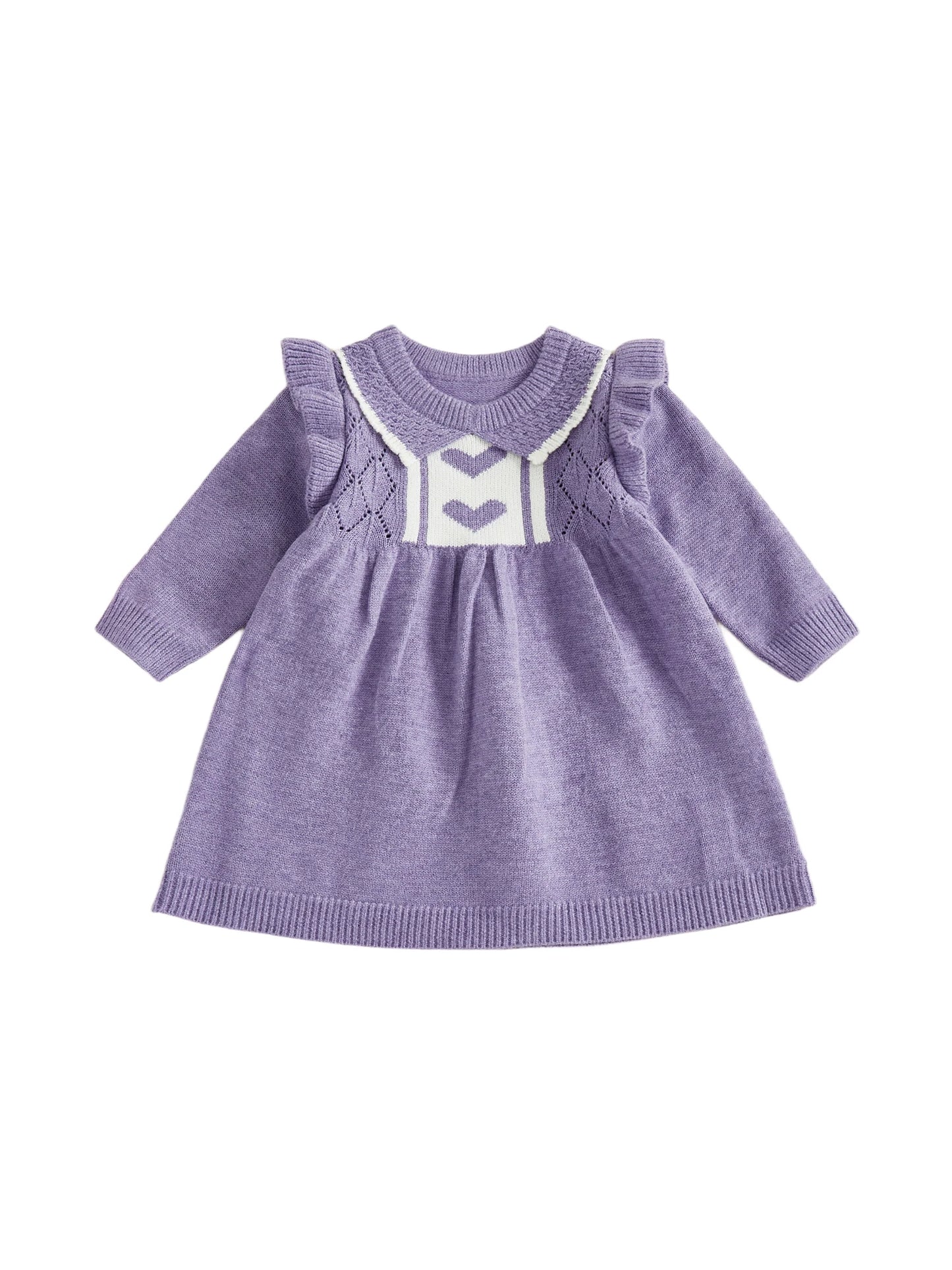 Girls Heart Print Knit Sweater Dress with Long Sleeves Round Neck and A-line Silhouette - Adorable and Stylish Option for