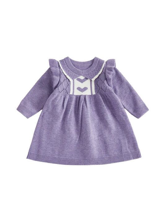 Girls Heart Print Knit Sweater Dress with Long Sleeves Round Neck and A-line Silhouette - Adorable and Stylish Option for