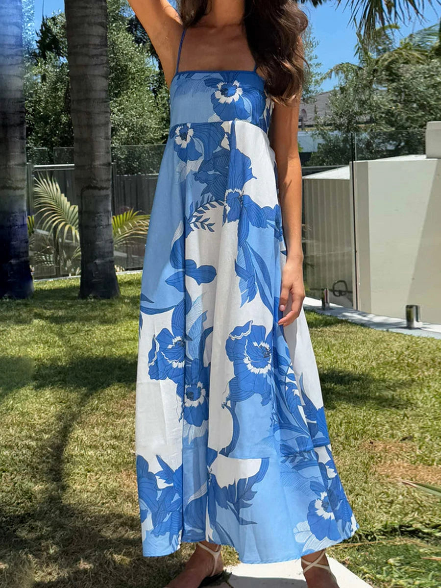 Women s Elegant Floral Print Sleeveless Maxi Dress with Adjustable Spaghetti Straps and A-Line Silhouette for Summer Beach