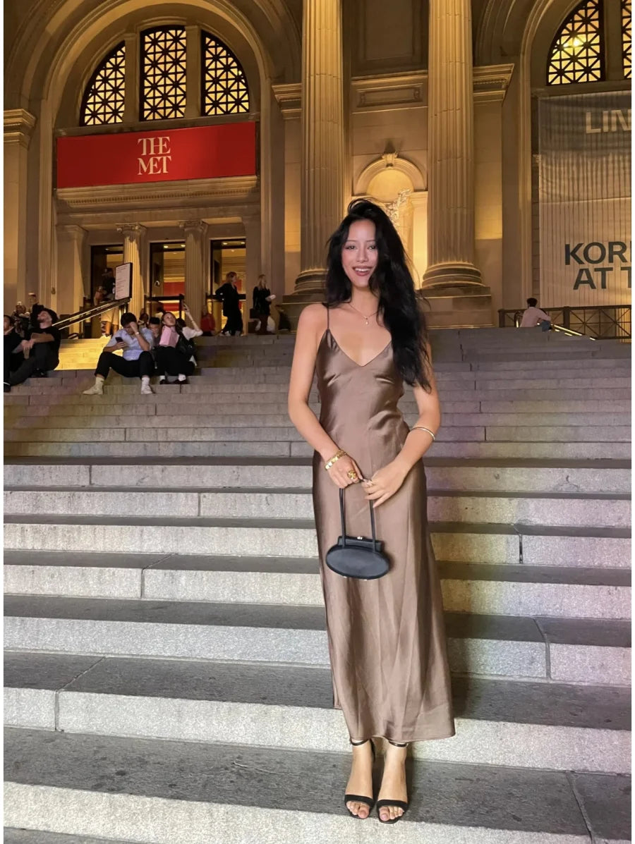 2025 Spring New TRAF Elegant women's fashion silk satin texture MIDI dress sexy backless party slip dress