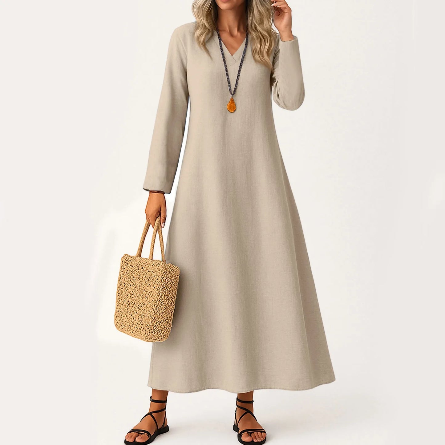 Dress For Women Long Boho Beach Dress Elegant Maxi Dress V-Neck Long Sleeve Dress With Pockets Vestidos Para Mujer Female Dress