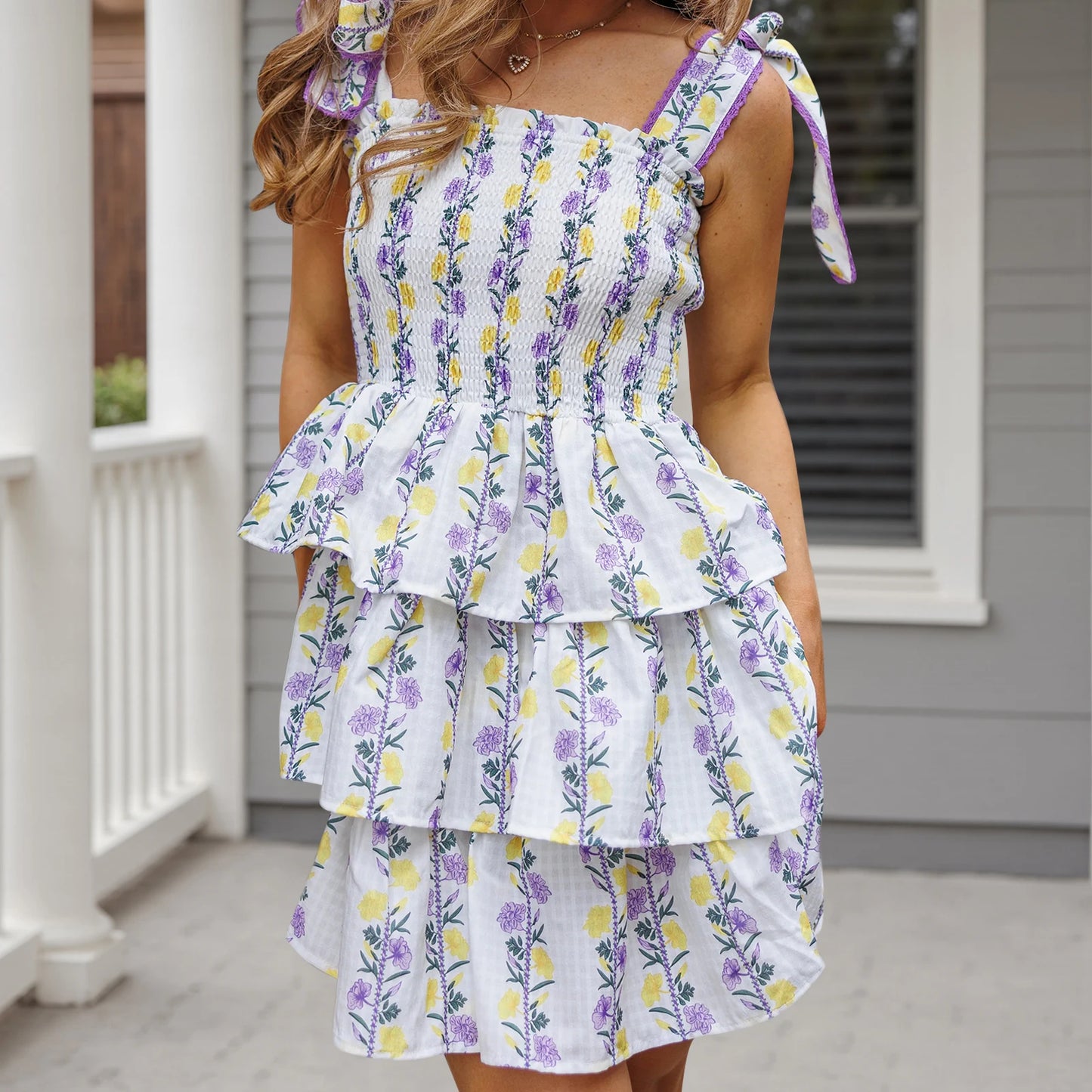 Women s Off Shoulder Maxi Dress with Ruffle Hem Summer Boho Floral Print Smocked Bust Long Flowy Dress Beach Dress