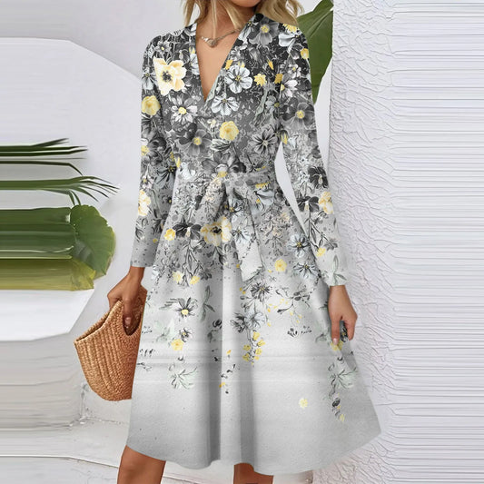 Women'S Fashion Casual V-Neck Long Sleeve Waist Floral Print Midi Dress Vestidos Para Mujer Female Dress Y2k Traf Roupas Feminin