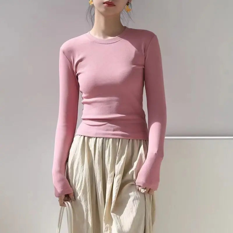 Cotton O Neck Long Sleeve Shirt Women Sexy Cropped Tops 2024 Autumn Black Casual Skinny Slim Basic Woman T Shirts White Clothing