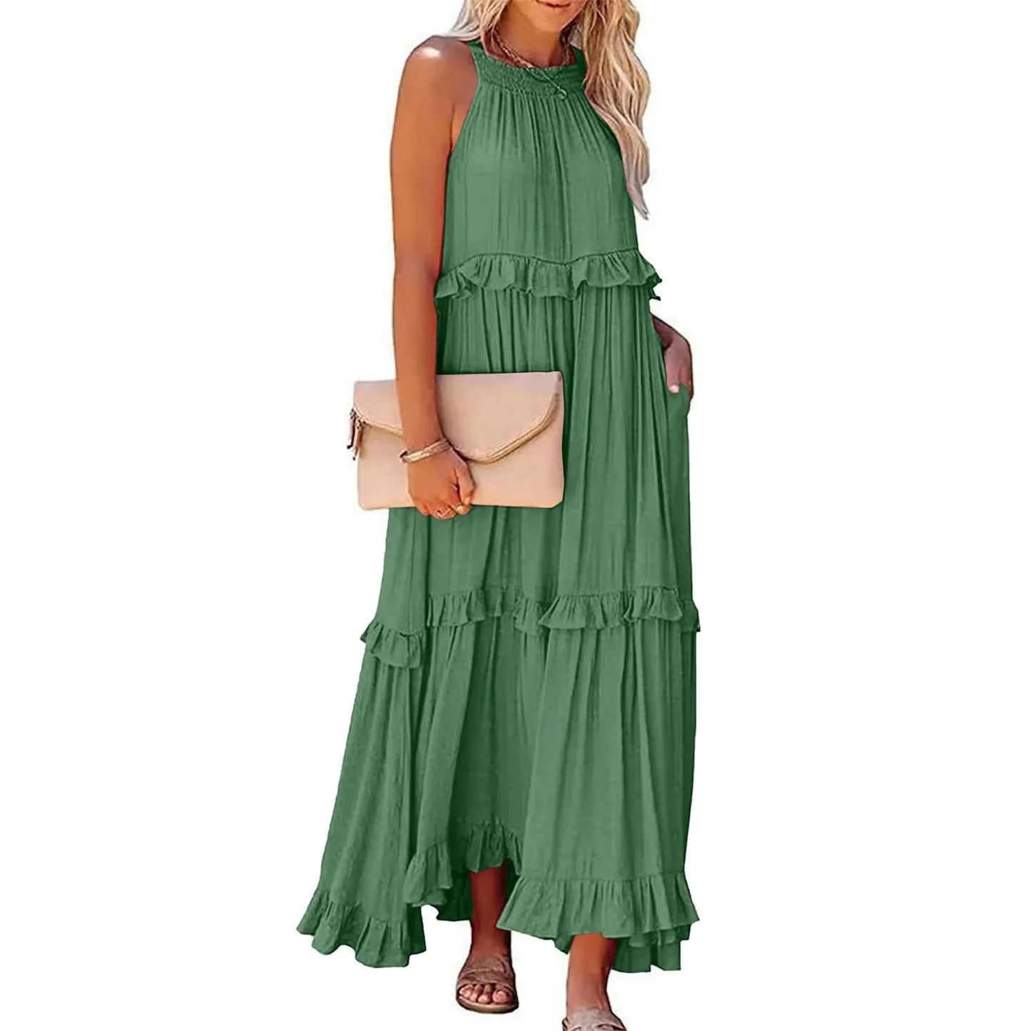 Spring Dress For Women Sexy Solid Strap Dress Pocket Loose Backless Big Swing Dresses Holiday Dresses For Women Wedding Guest