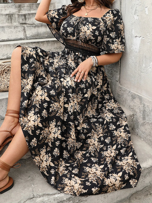 Women Maxi Dress Stylish Off-Shoulder Ruffle Sleeve Boho Floral Print Flowy Beach Party Long Dress