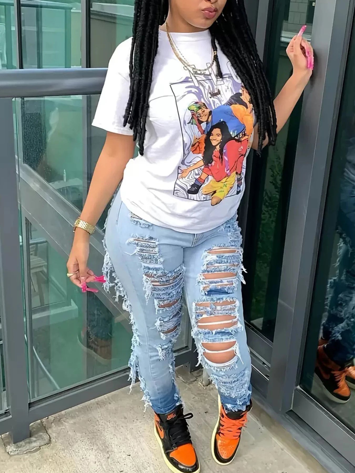 Women's High Waisted Elastic Ripped Washed Slim Fit Jeans, Street Style, Slanted Pockets, High-Quality Fabric, Suitable for Dail