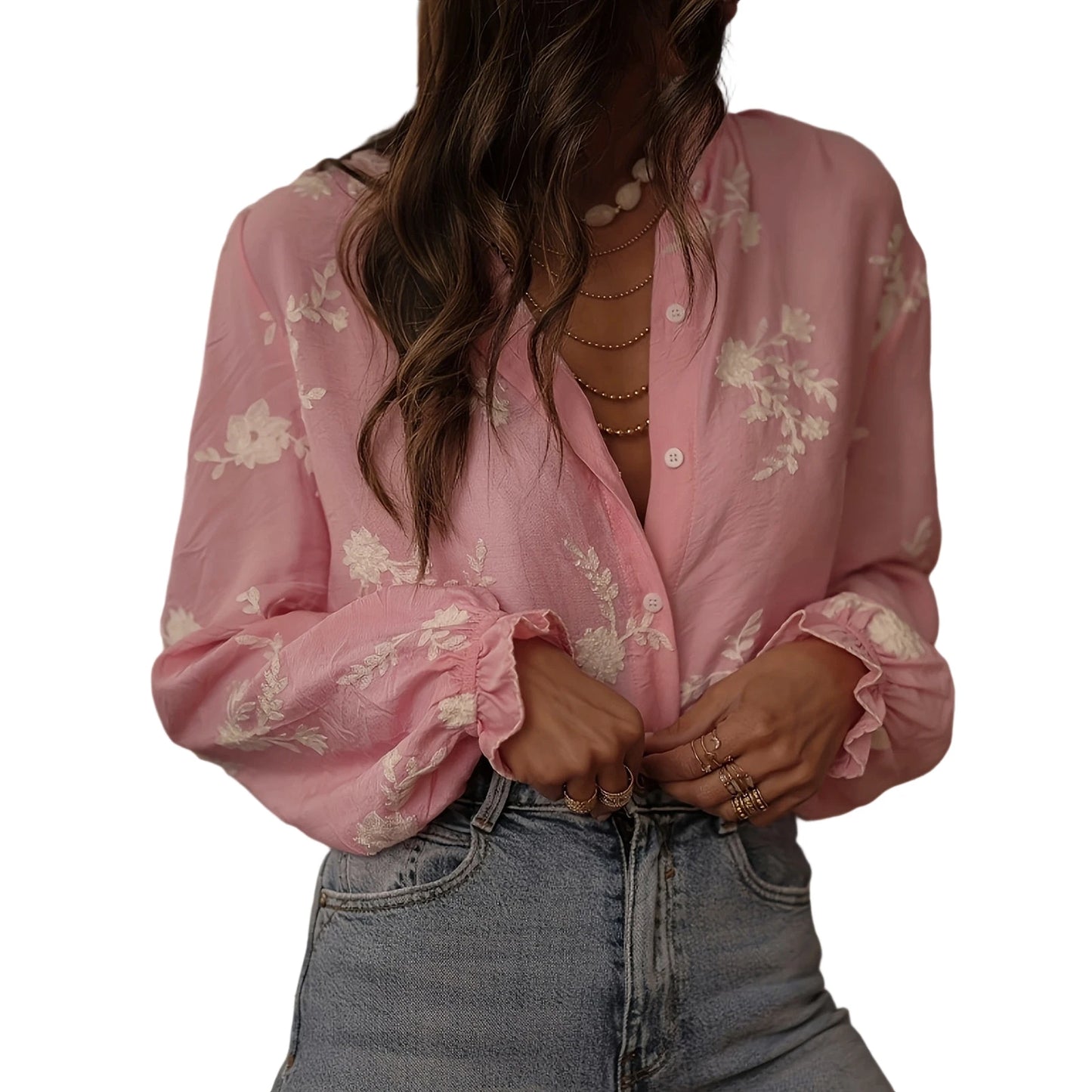 Women s Oversized Floral Print Button Up Shirt with Long Lantern Sleeves and Embroidered Appliques - Fall Fashion Blouse