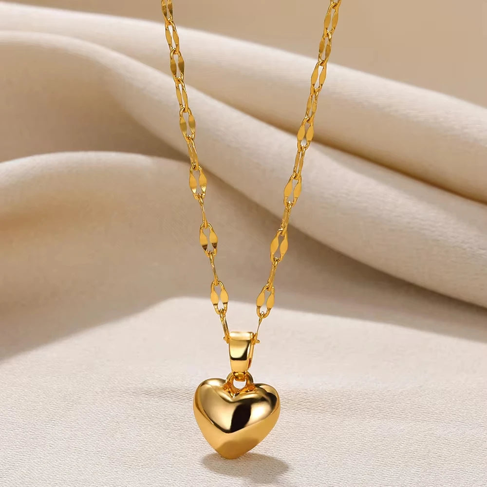 Punk Gold Color Heart Pendant Necklace for Women Stainless Steel Buckle Beaded Neck Chain Choker Y2K Jewelry Accessories