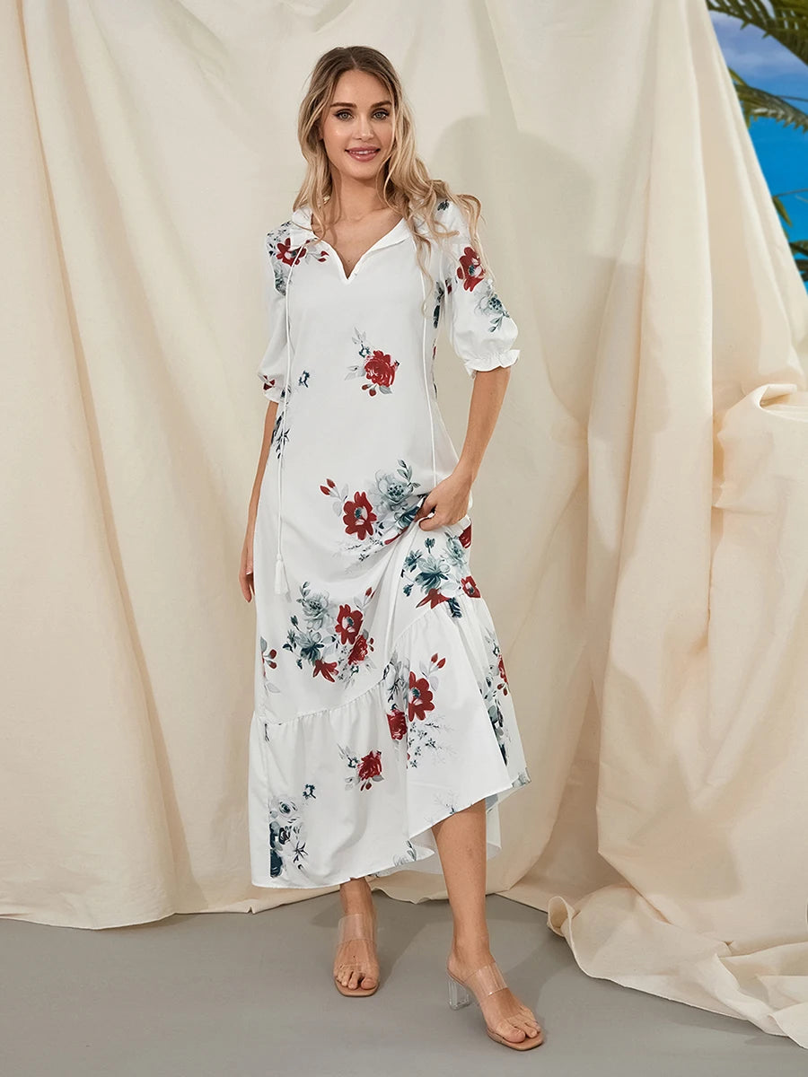 Women Long Dress Elegant Short Sleeve V Neck Flower Graphic Print Loose Swing Dress Summer Casual Dress