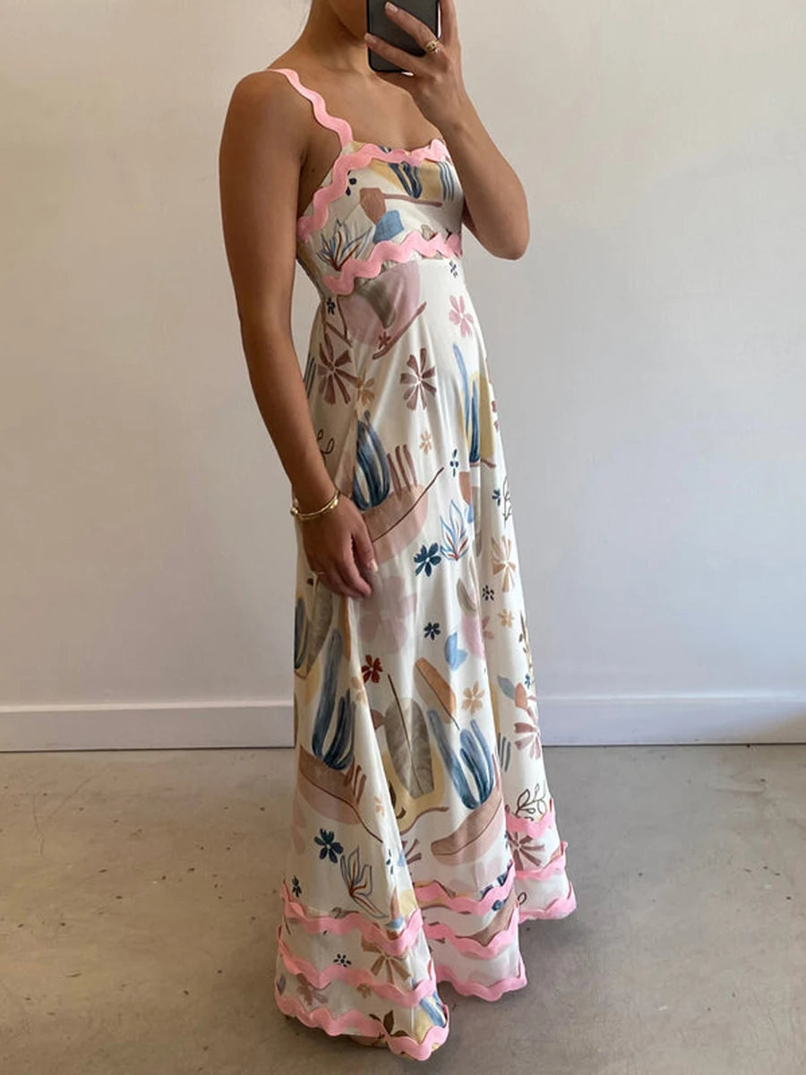 Women s Long Cami Dress Floral Leopard Print Sleeveless Square Neck Backless A-Line Ric Rac Dress