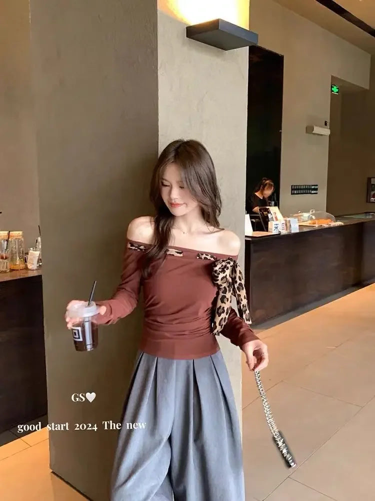 Off shoulder Tops Y2k Bow Tied Long sleeve Leopard T Shirt Women Sexy Tight Basic Crop Top Lady Casual Black Tees 2024 Korean
