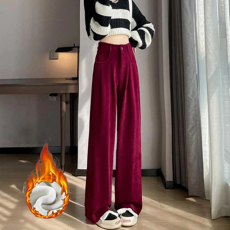 Winter Hot Sale Lady High Waist Thermal Pants Female Plush Straight Leg Trousers Girls Snow Warm Fleece Casual Daily Pants