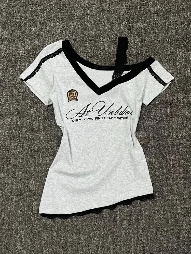 White-Gray Lace Sport Sexy Summer Off shoulder Top Women Y2k V neck Short sleeve T shirt Fashion Korean Lady Basic Tees 2025 New