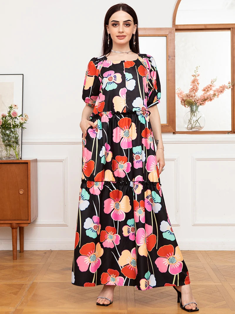 Sweet Round neck Flowers Plant Pocket Buttons Lantern sleeve Long Dresses Black Dresses