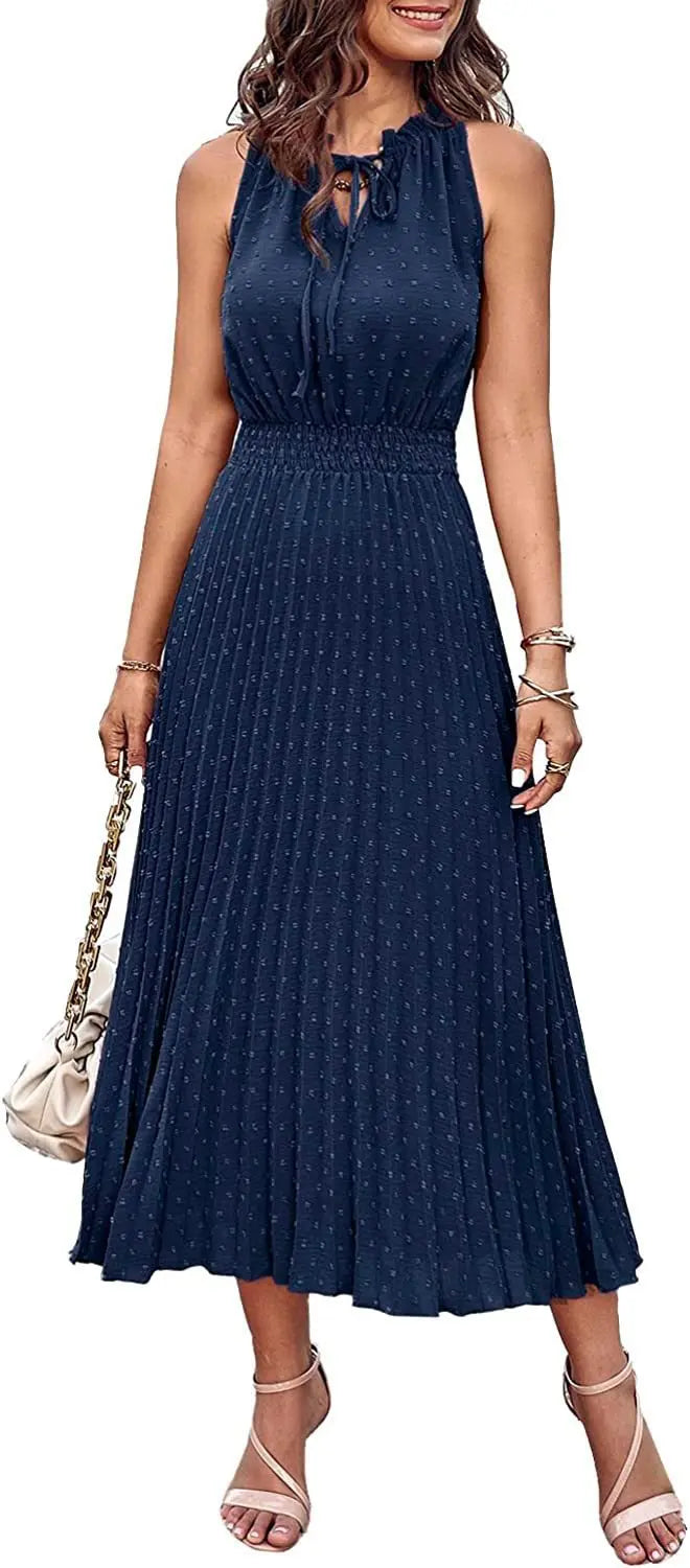 Women's Spring Fall Midi Dress Casual Long/Short Sleeve Elegant and fashionable V Neck Swiss Dot Pleated A Line Flowy Dresses