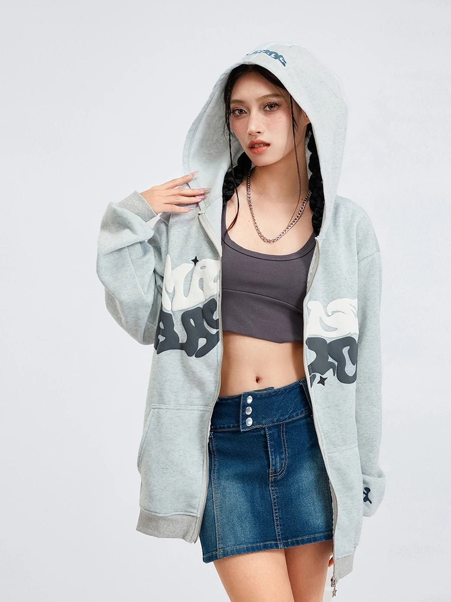 Women s Zip Up Hoodies Long Sleeve Letter Print Oversized Sweatshirts Jackets Streetwear Tops