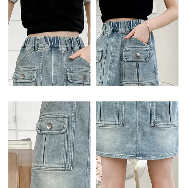Summer Teen Girls Skirt Kids Casual Blue Denim Dresses With Pockets Design Tween Girls Casual Short Dress Toddler Ages  4-14Y