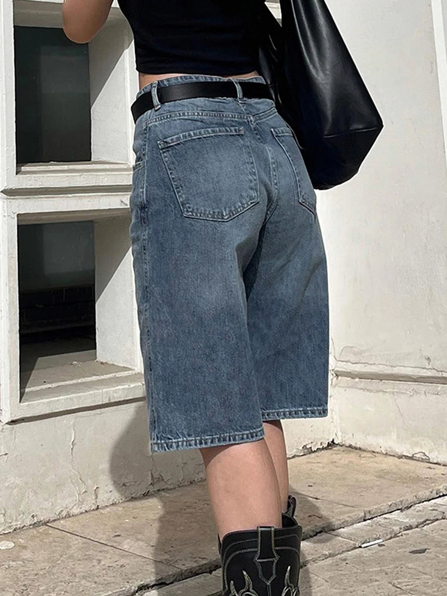 Women s High Waisted Denim Bermuda Shorts in Light Blue Wash with Frayed Hem and Distressed Details for a Stylish Summer Look