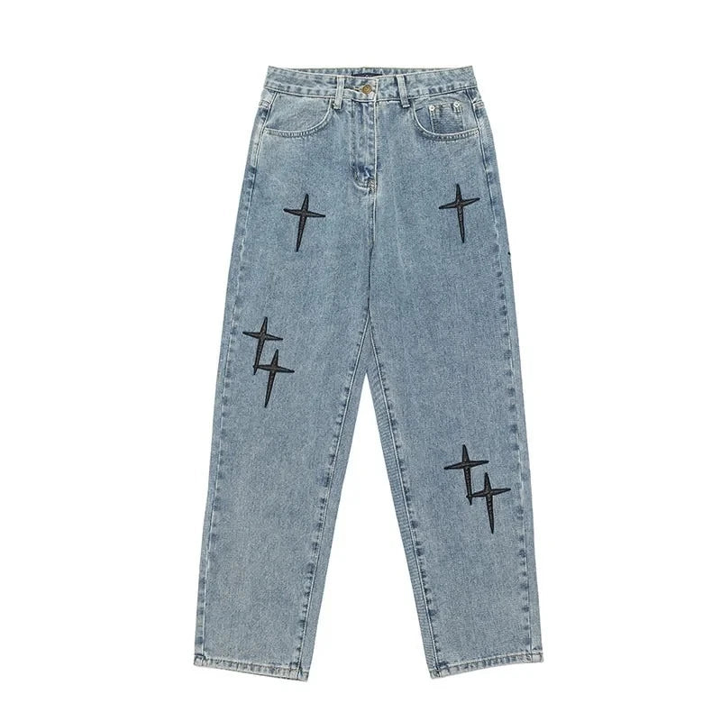 New Baggy Men's Jeans Embroidery Fashion Loose Denim Pants Streetwear Hip Hop Straight Wide Leg Trousers Casual Men Clothing