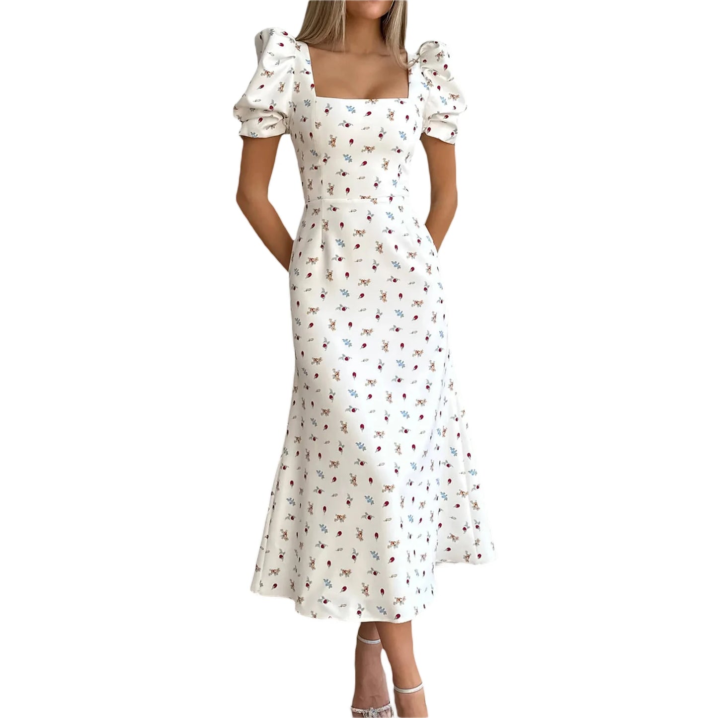 Women s Summer Midi Dress Casual Short Puff Sleeve Floral Print A-Line Dress Elegant Flowy Dress