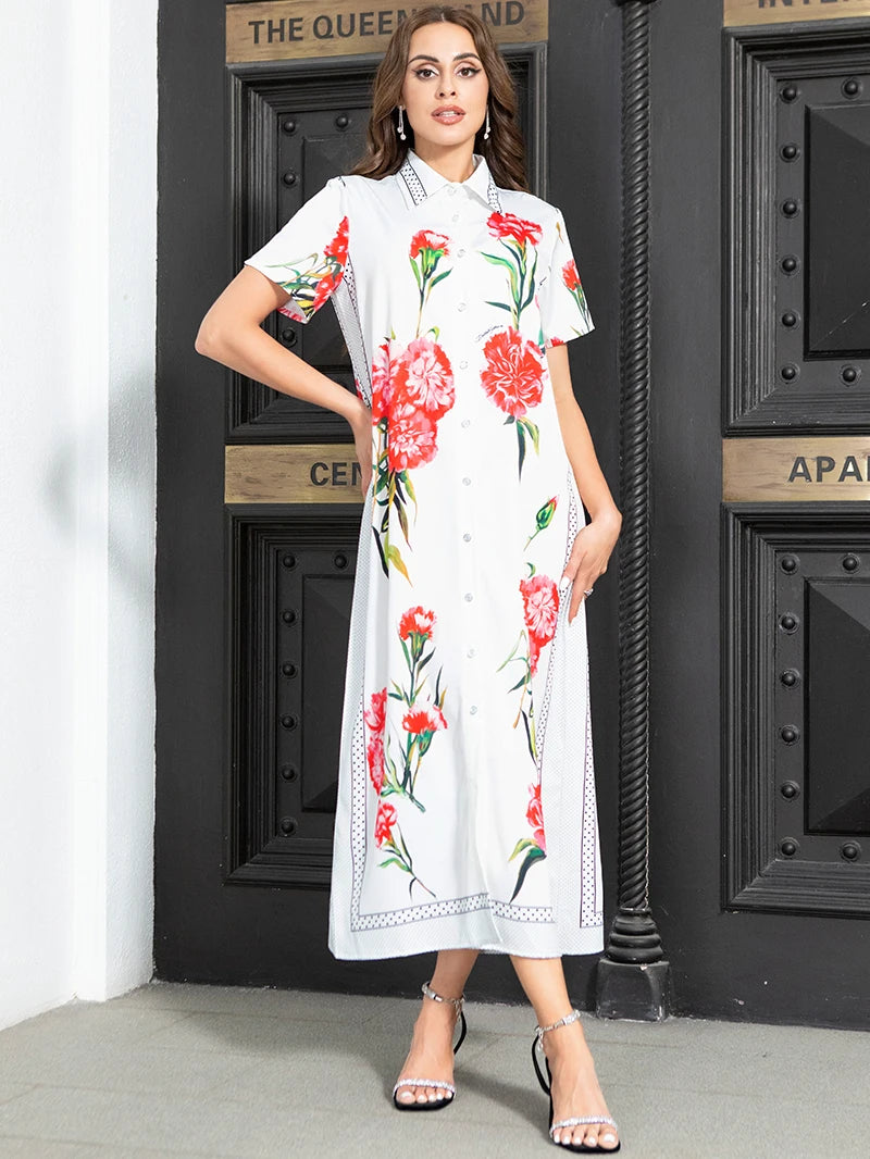 Elegant style Lapel Dots Flowers Color contrast Buttons Regular sleeve Long Dresses White Dresses