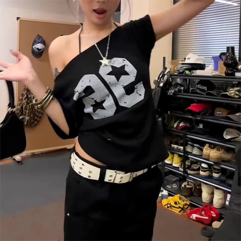 Off Shoulder Y2k Tops Print Short Sleeve T-Shirt Harajuku Loose Women Top Summer New Fashion Street Clothing