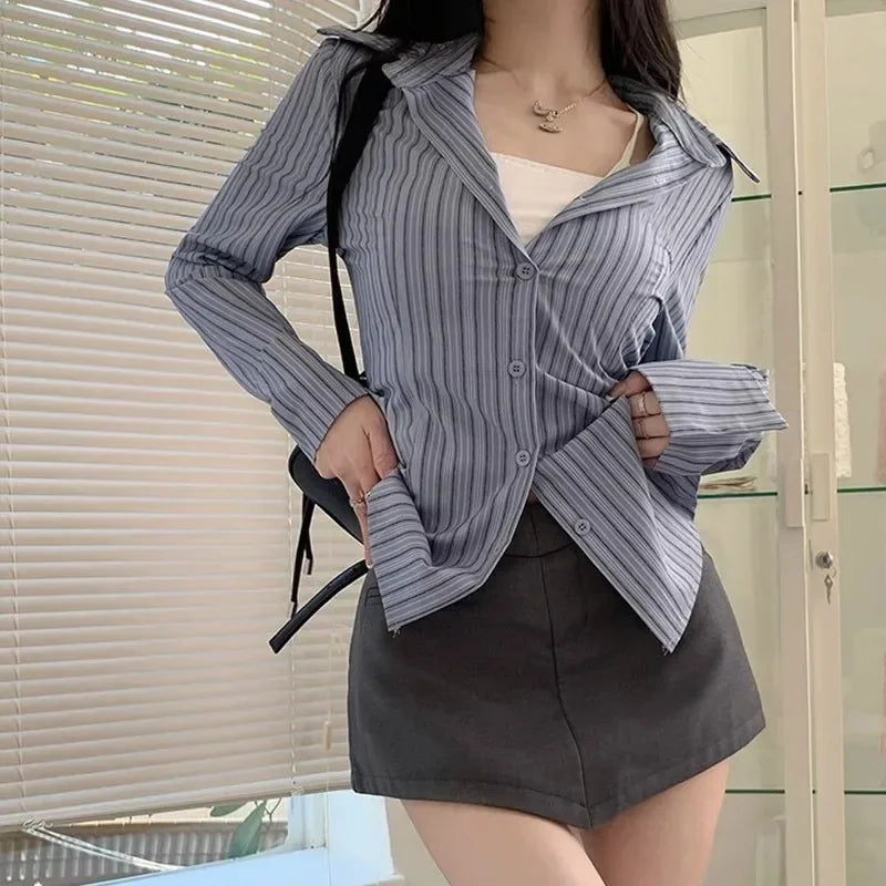 Korean Blue Striped Long Sleeve Shirt Jacket Women's Spring Design Waist Cinching Slimming Top Women Clothing