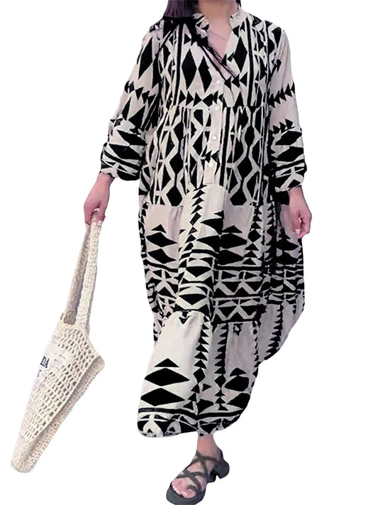 Women Long Dress Long Sleeve Button-down Geometric Print Bohe Dress Loose Swing Dress for Casual Daily