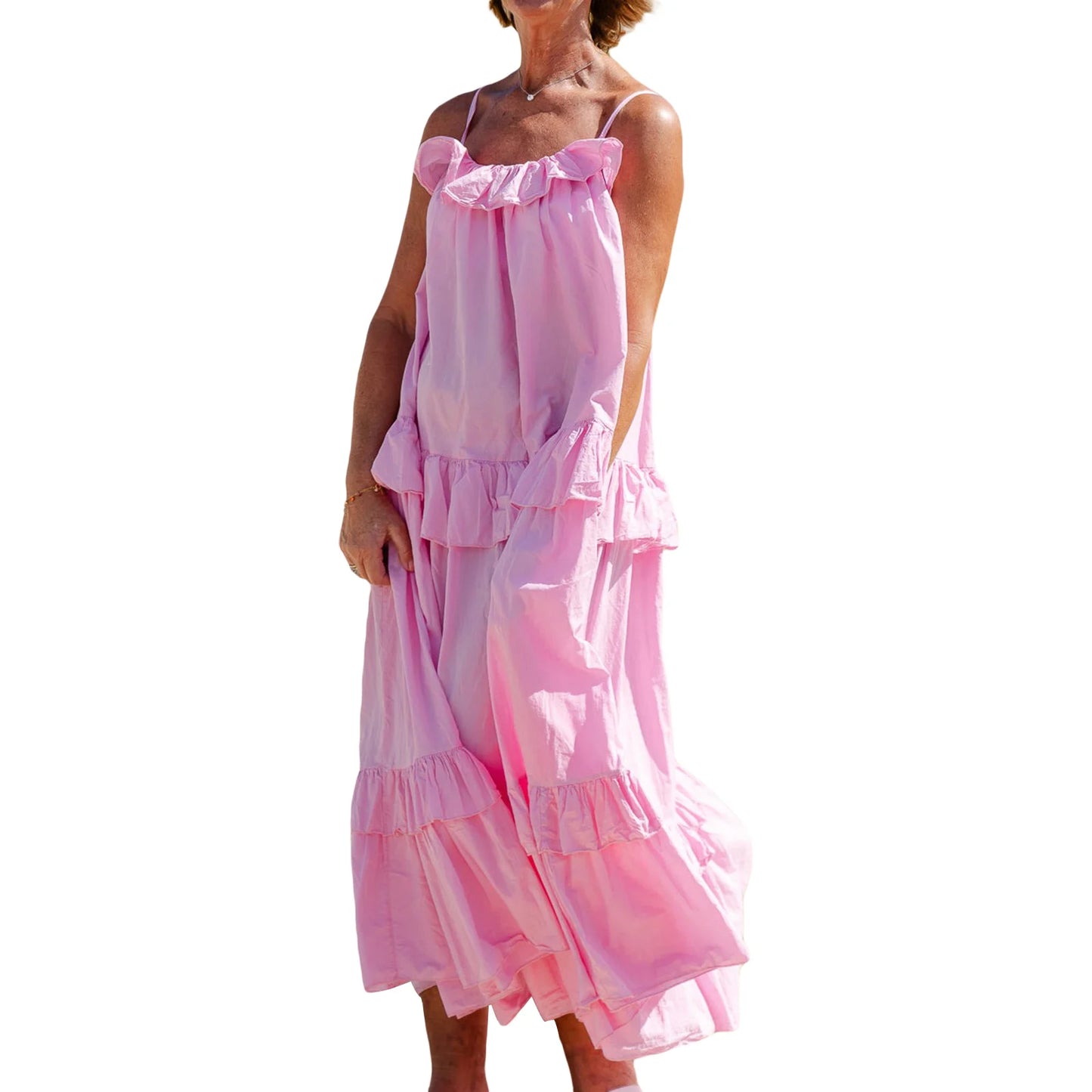 Women s Long Cami Dress Casual Loose Scoop Neck Back Tie-Up Swing Tiered Ruffled Spaghetti Strap Dress