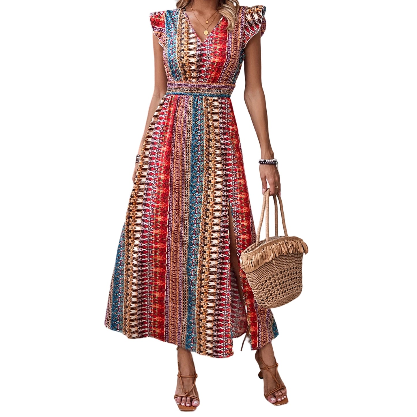 Elegant Floral Print Maxi Dress with Ruffle Sleeves and Side Slit Perfect for Summer Parties and Club Nights