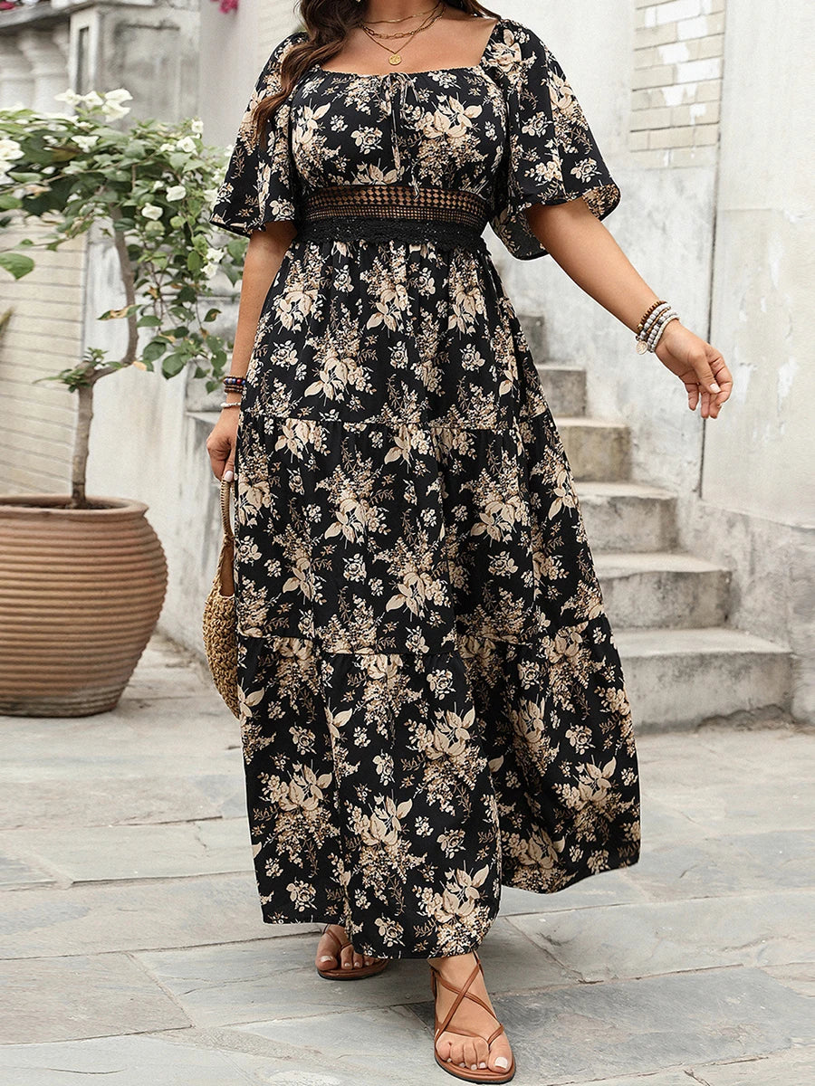 Women Maxi Dress Stylish Off-Shoulder Ruffle Sleeve Boho Floral Print Flowy Beach Party Long Dress