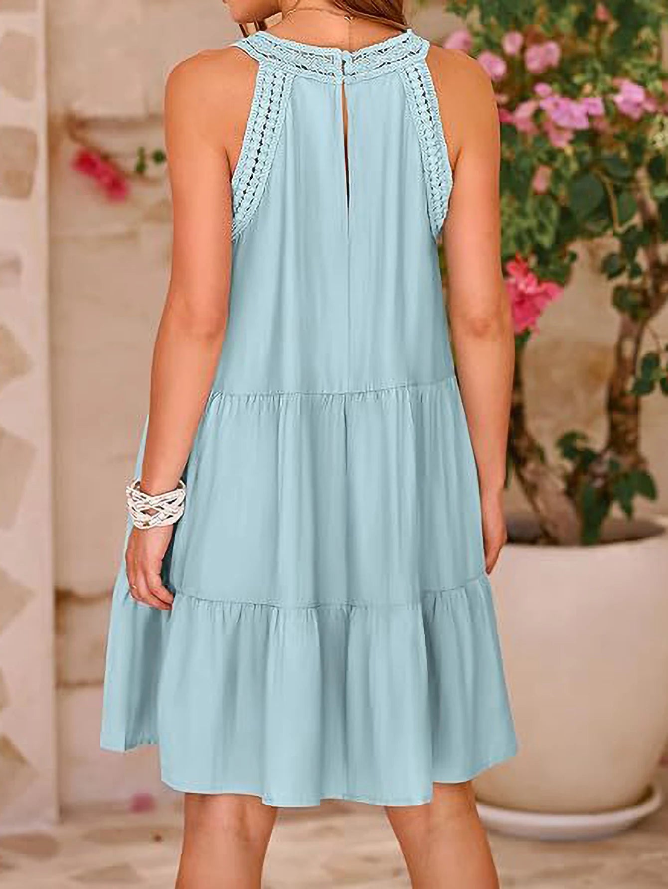 2025 New Summer Simple Round Neck Solid Color Embroidery Lace Strapless Sleeve Mid-length Blue Dresses
