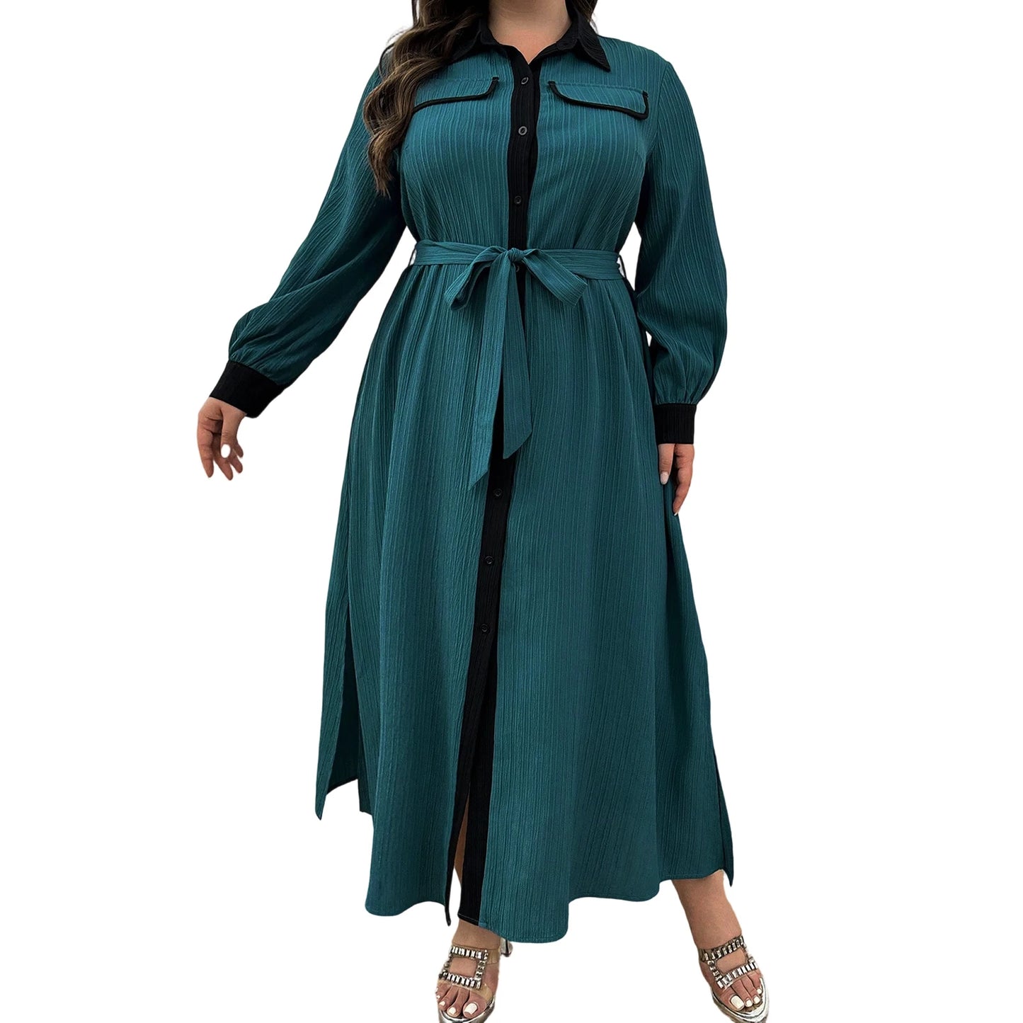 Stylish Plus Size Women s Dress with Long Sleeves and Turn-down Collar Perfect for Fall Season Casual Wear