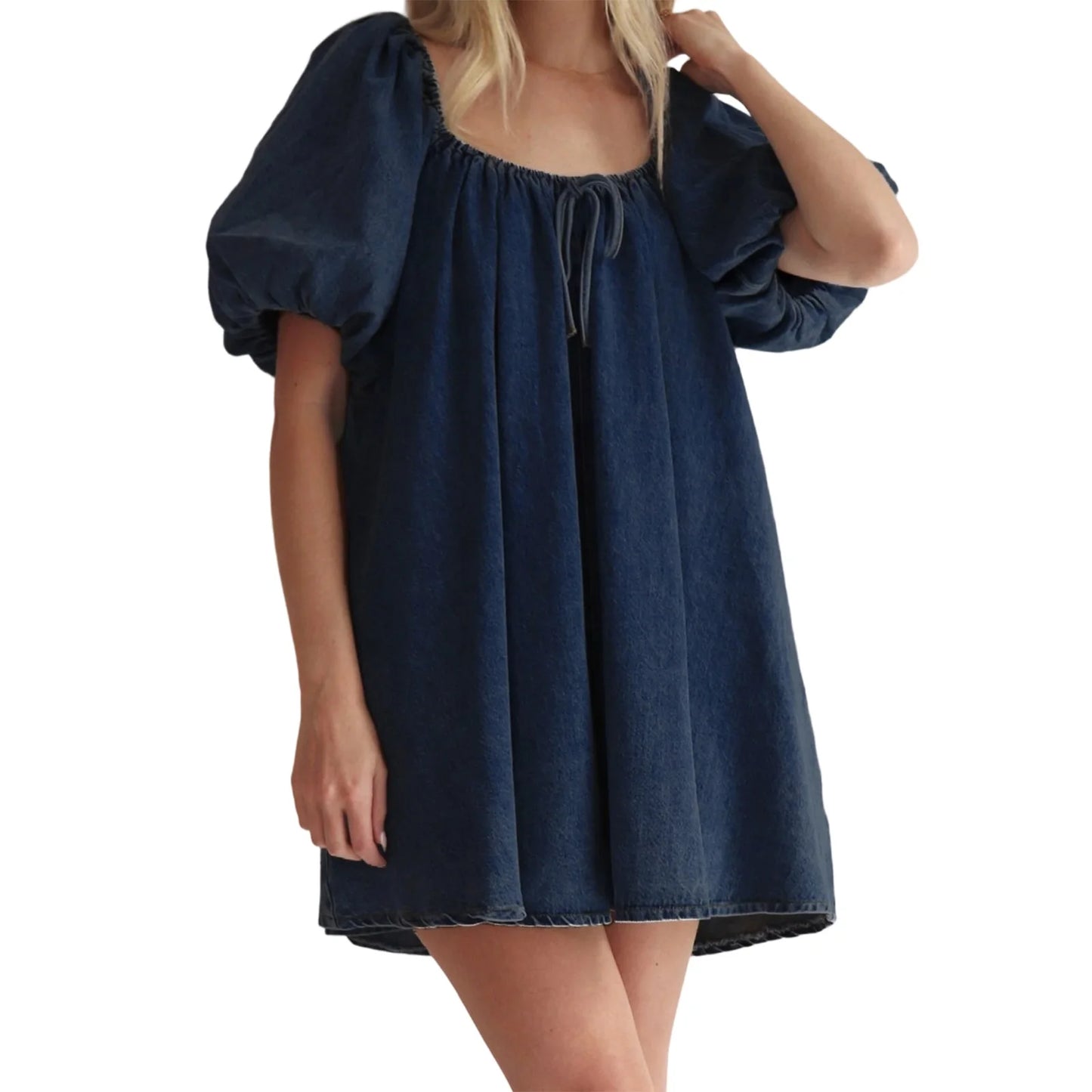 Women s Denim Dress with Short Sleeves and Square Neckline Solid Color Loose Fit Mini Dress for Summer Casual Wear