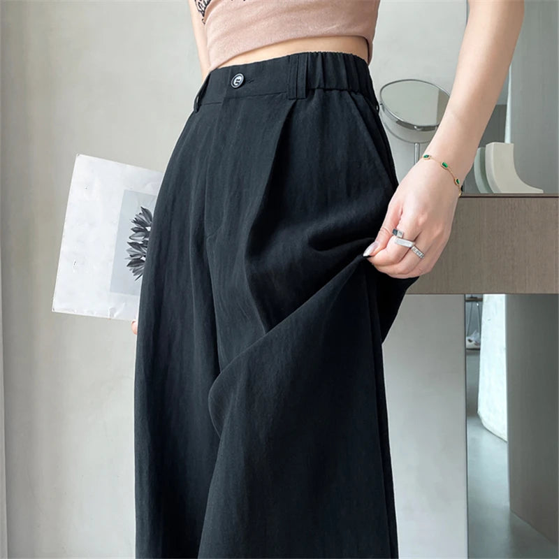 Cotton and Linen Women's Wide Leg Full Pants High Waist Summer Female Elegant Minimalism Straight Loose Trousers 2024 Autumn
