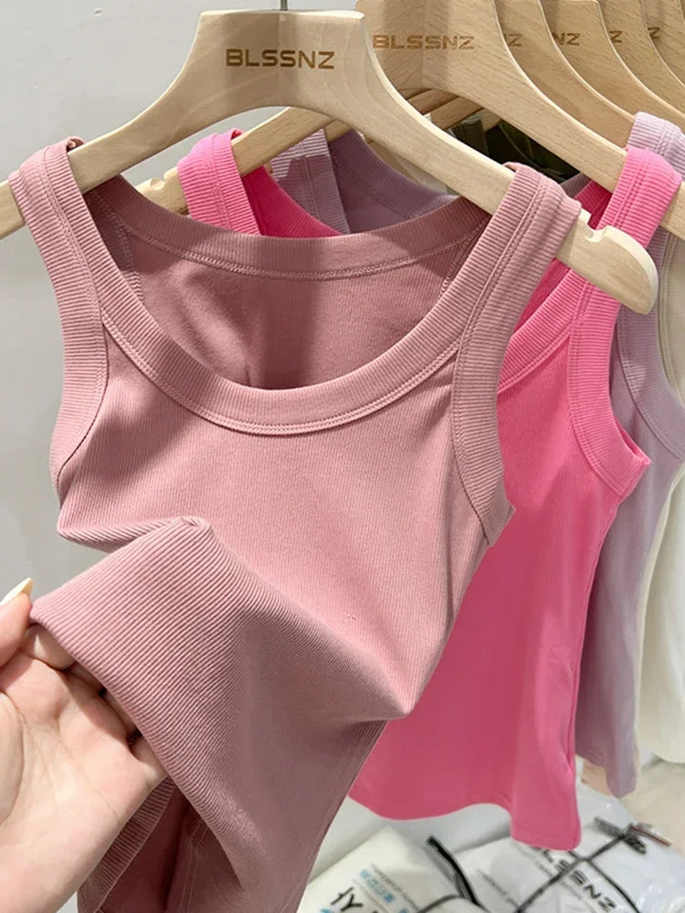 Solid Round Neck Ribbed Tank Top Camisole Women 2025 Summer Basic Elastic Tank Top O Neck Solid Tank Top