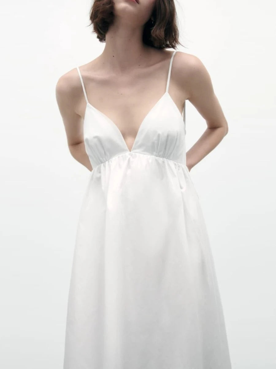 Women Solid Color Long Dress V-Neck Sleeveless Backless A-line Dress Summer Casual Beach Party Cami Dress